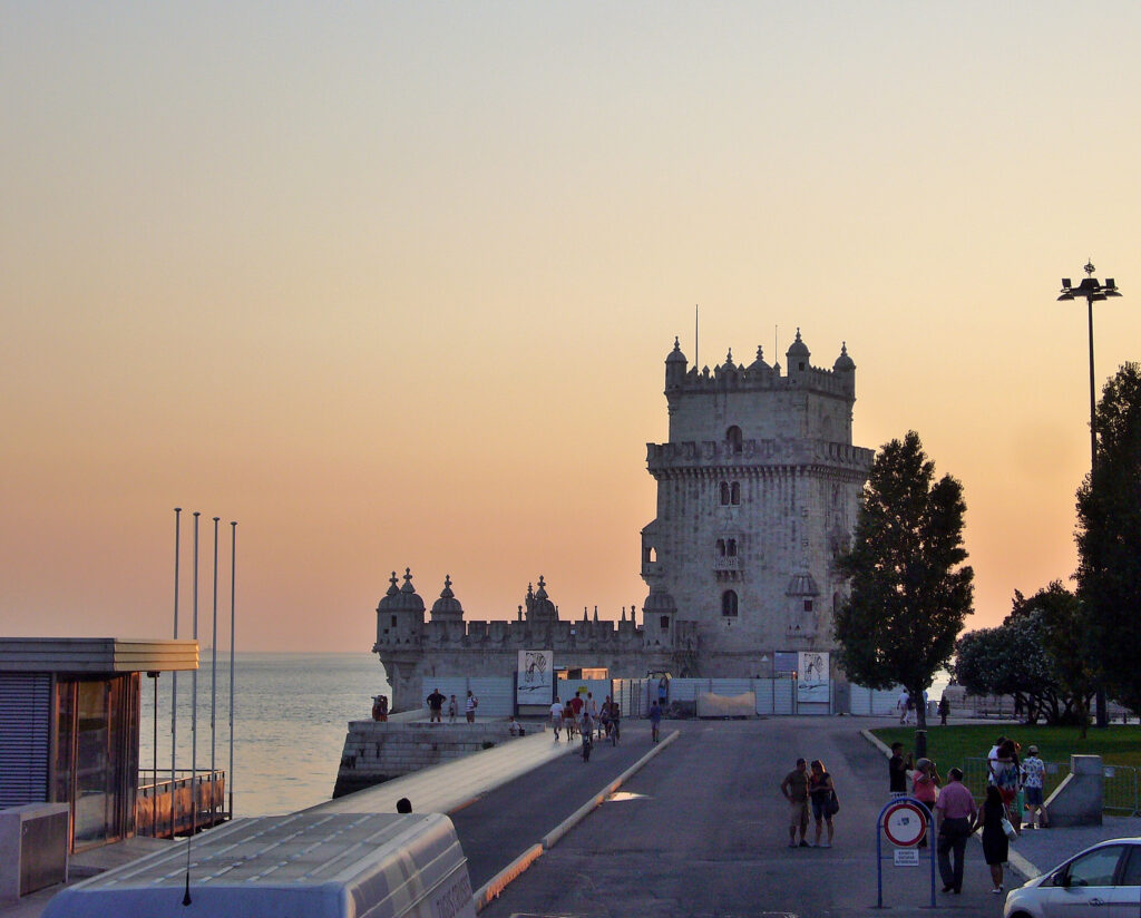 tramonto, torre, lisbona, mare