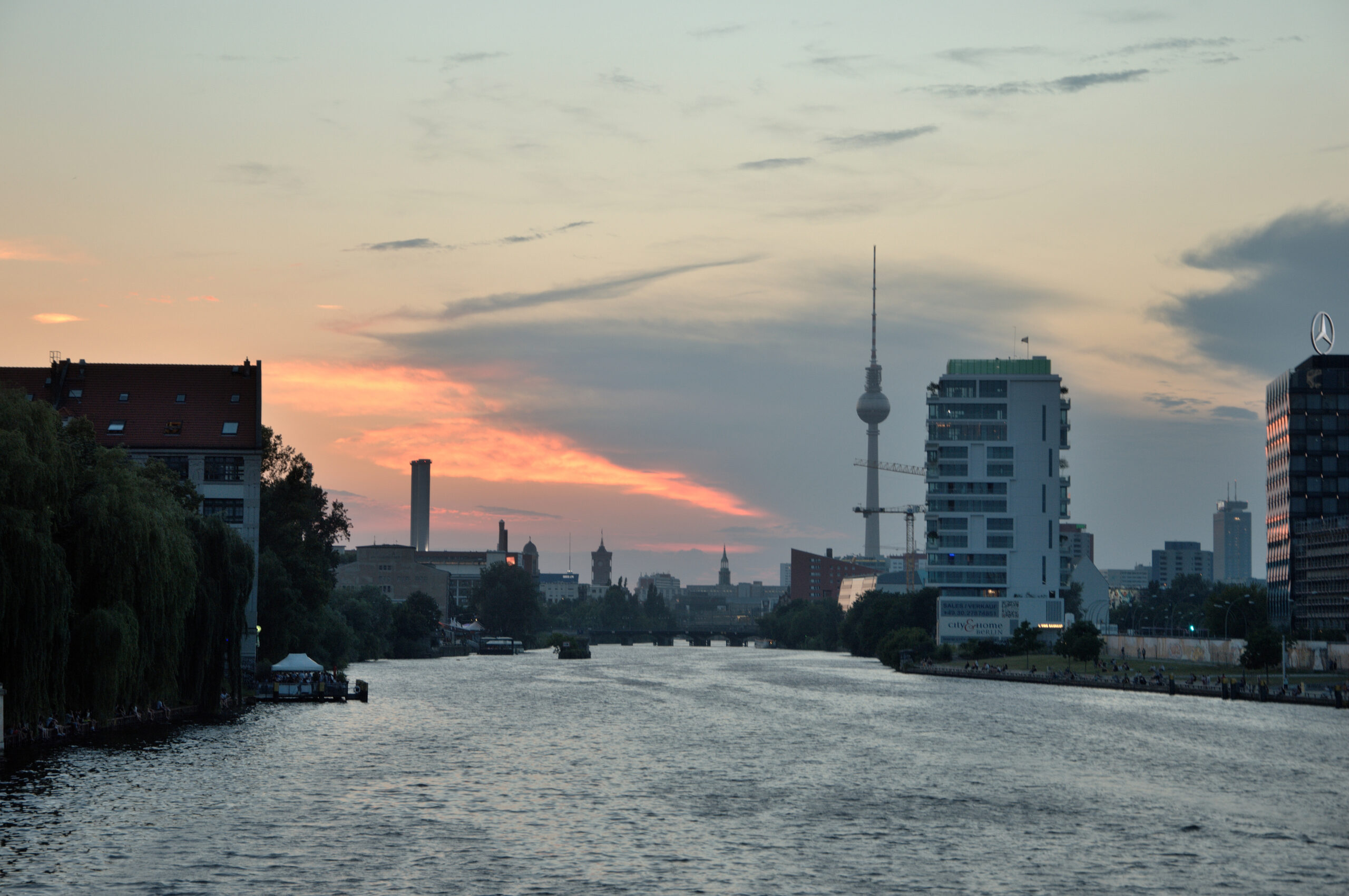 fiume, berlino, tramonto, torre televisiva