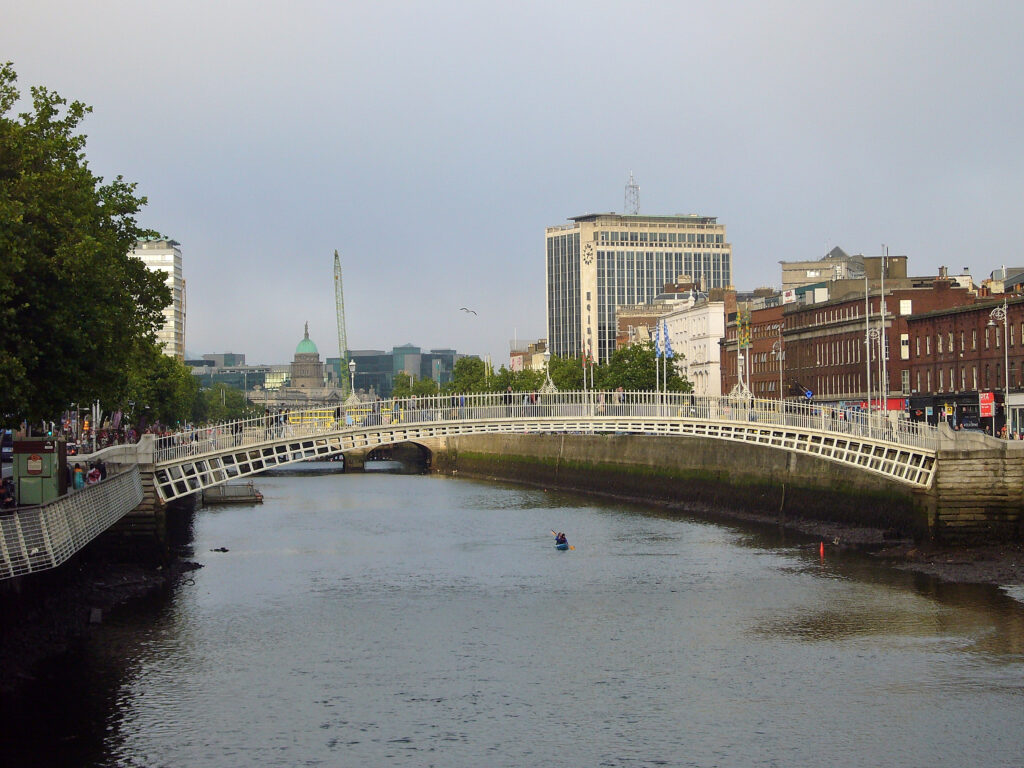 dublino, tramonto, ponte, fiume